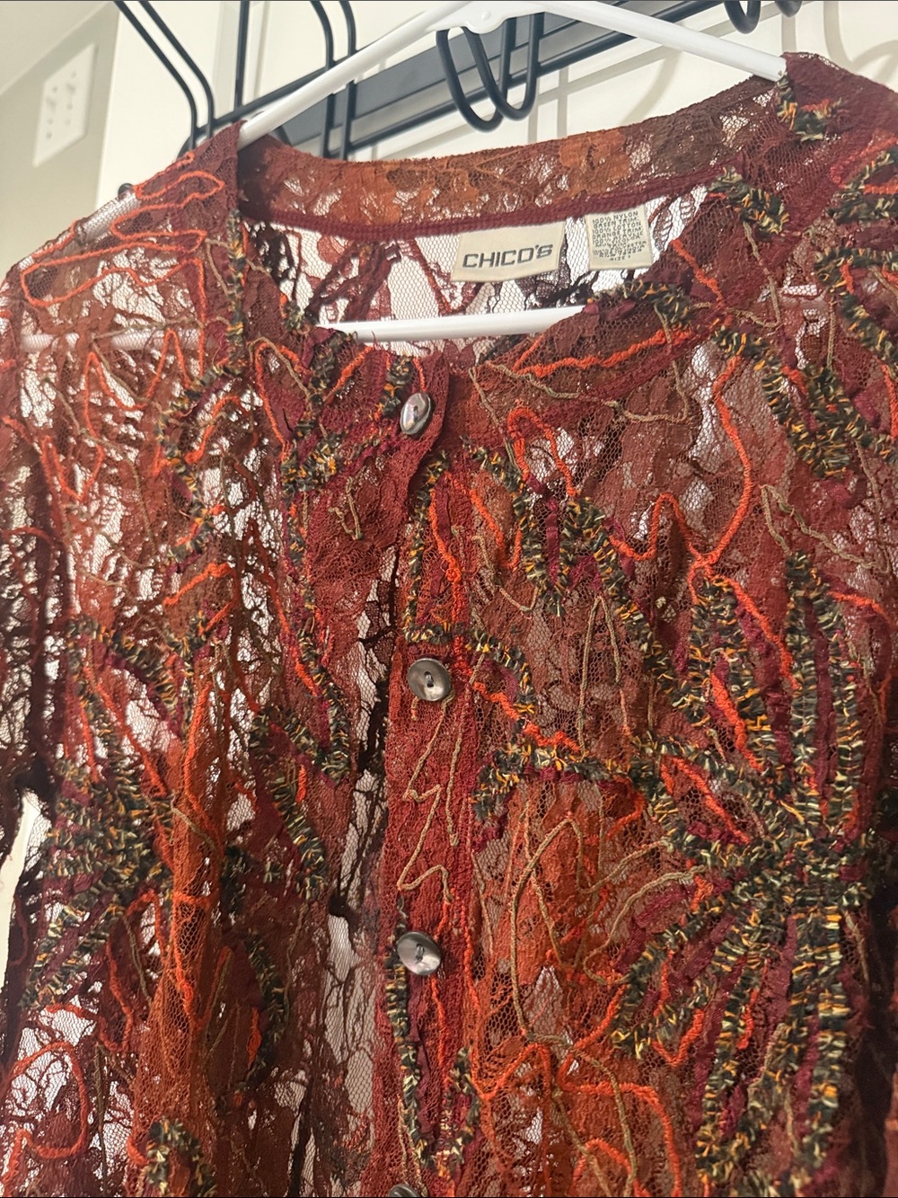 Chico's Rust, Olive & Burnt Orange Embroidered Lace Button-Down Shirt - Picture 3 of 5